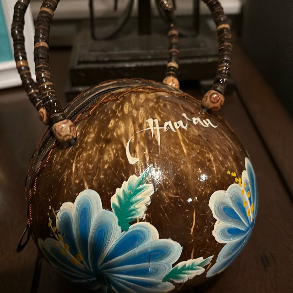 Aloha, coconut bag with satin blue interior coconut shell bag.